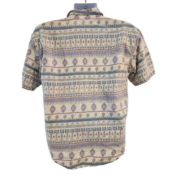 Vintage 80s Kyoto Kasuals Pastel Pink Blue Button Up Shirt Aztec Design - Picture 4 of 5